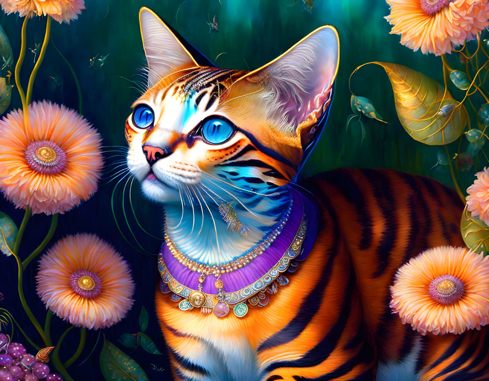 Colorful Cat Illustration with Blue Eyes and Jewelry in Floral Setting