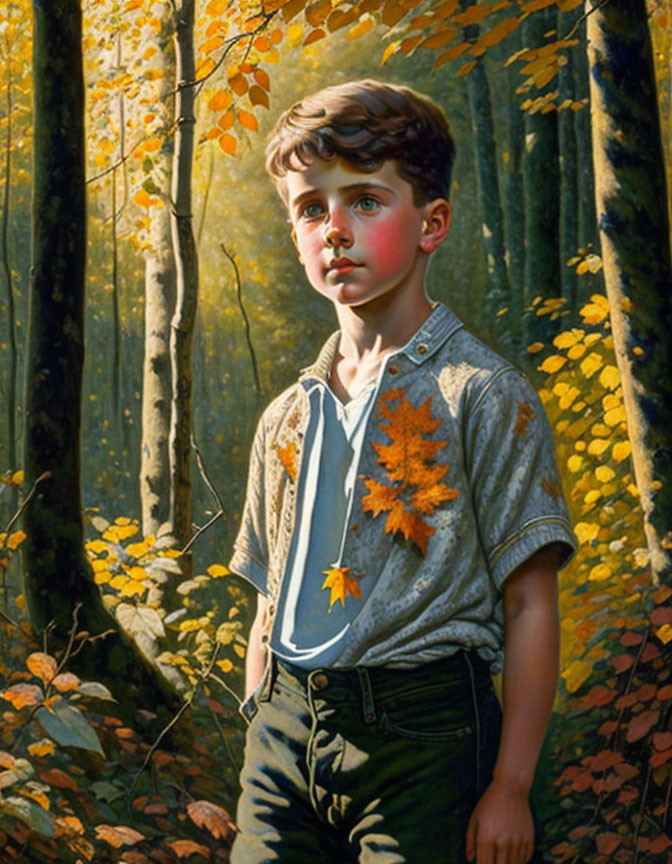 Young boy in forest with autumn leaves and sunlight glow