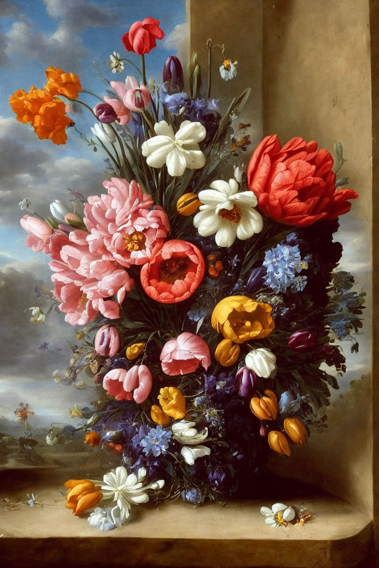 Classical painting of diverse bouquet with flowers and butterflies on sky backdrop