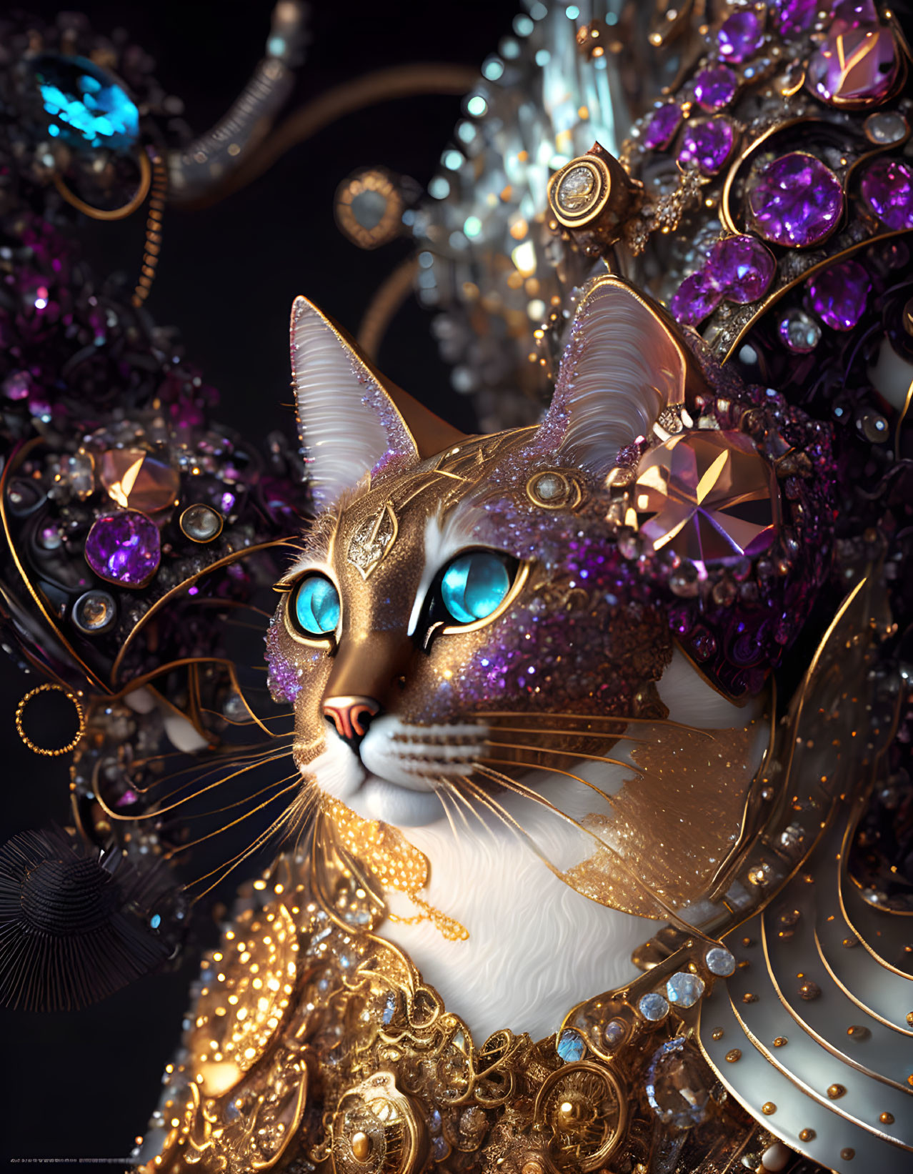 Majestic cat with gold and purple jewelry on dark background