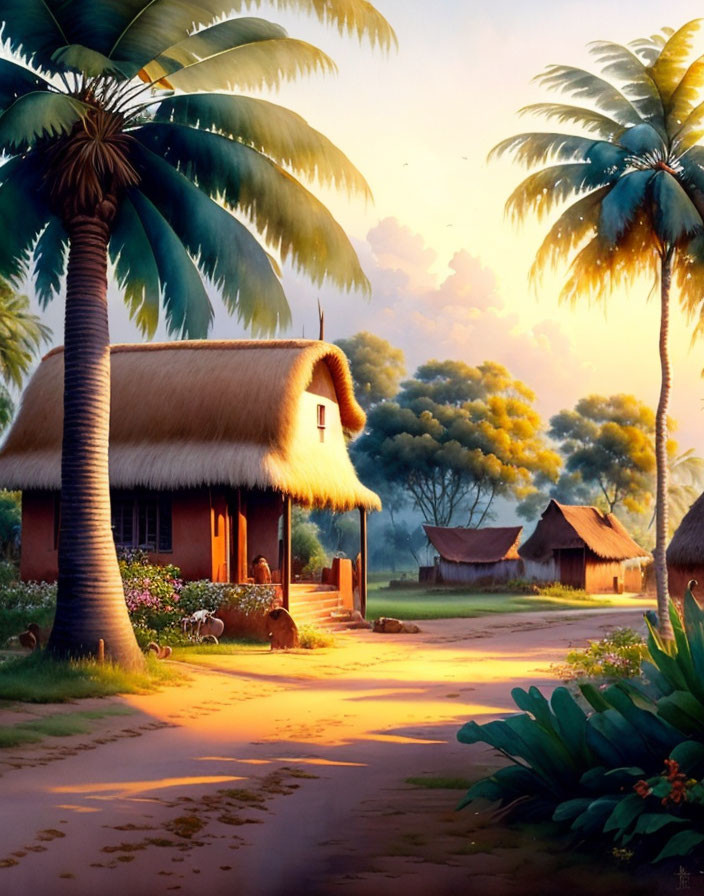 Tropical village scene with thatched huts and palm trees at sunrise