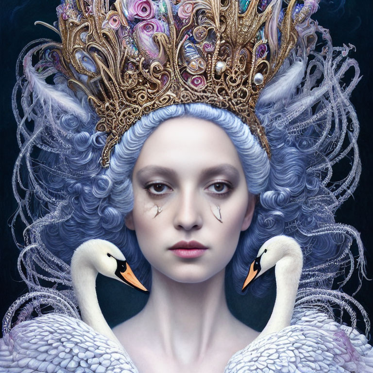 Pale-skinned person in dramatic makeup with elaborate crown, flanked by swans on dark background