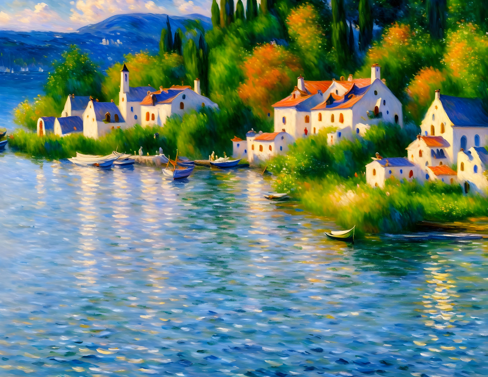 Serene lakeside village painting with colorful flora and white houses