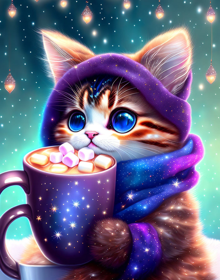 Illustrated kitten with hot cocoa and starry scarf in space setting