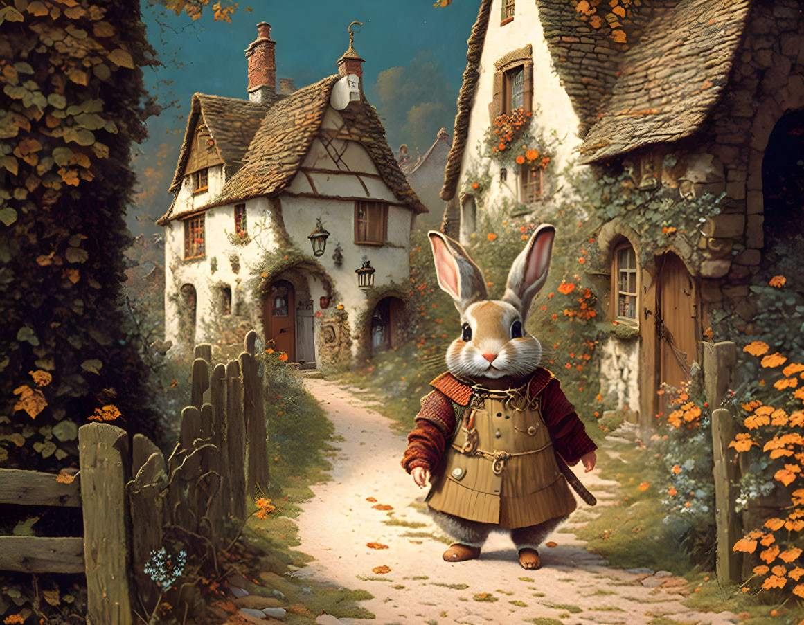 Anthropomorphic rabbit in vintage outfit strolling through quaint village