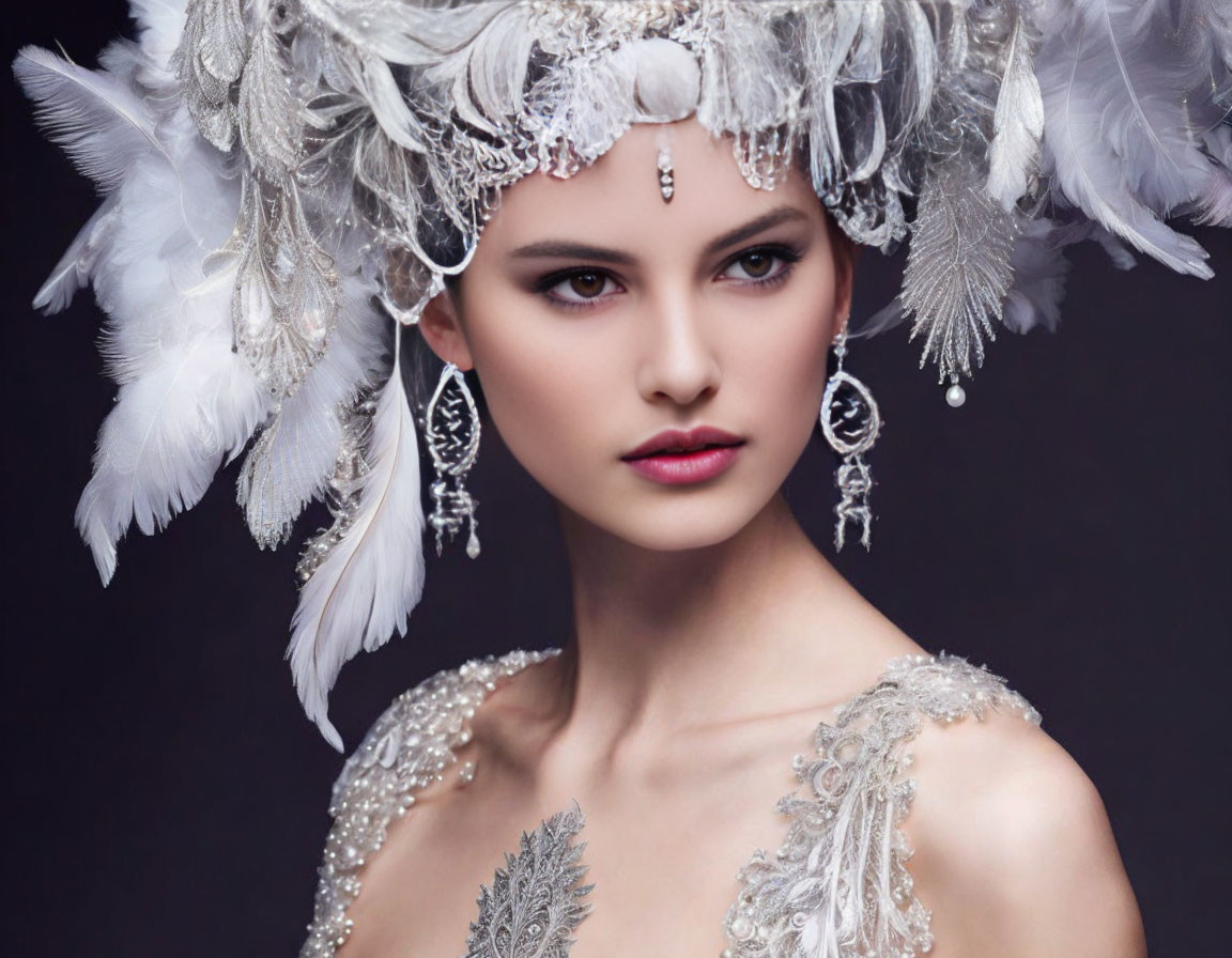 Striking makeup and feathered headdress woman portrait