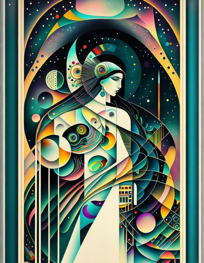 Art Deco-inspired illustration of woman with geometric and cosmic motifs