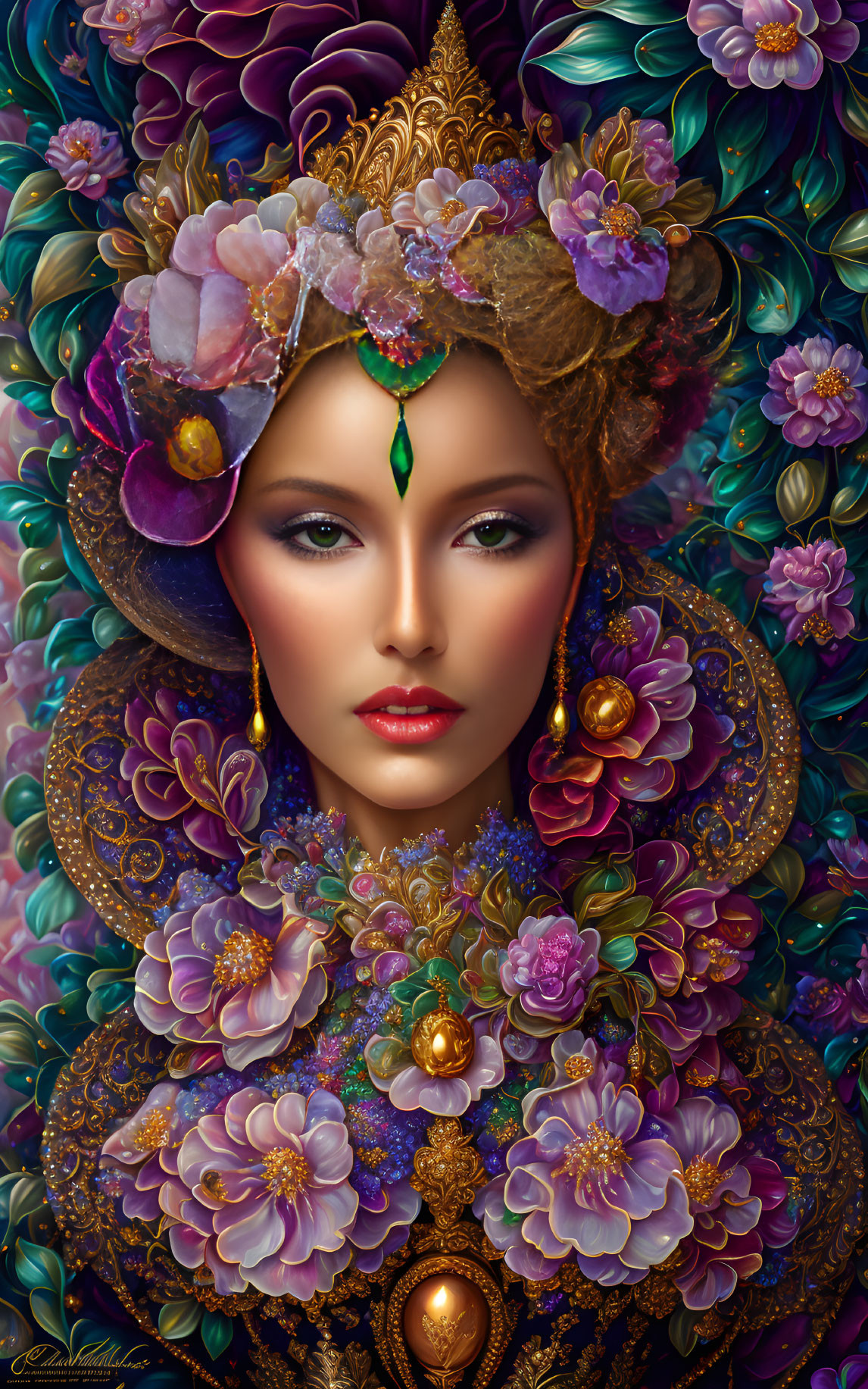 Detailed illustration: Woman with golden headdress, ornate jewelry, vibrant flowers