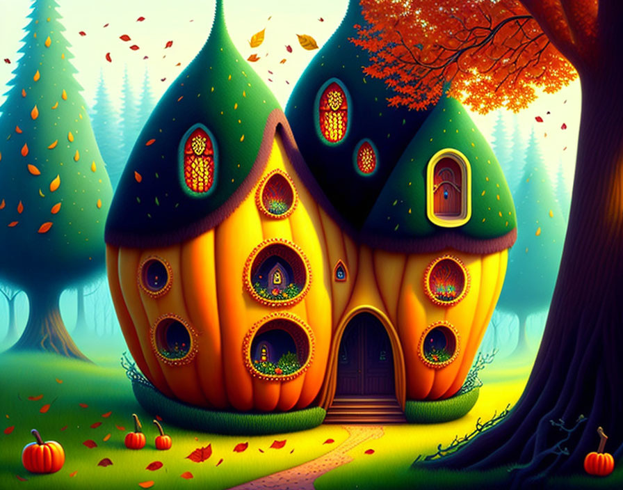 Fantasy pumpkin house with stained glass windows in autumn scene