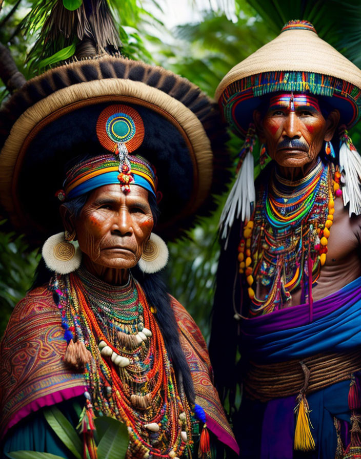 Colorful Traditional Attire and Feathered Headdresses in Greenery