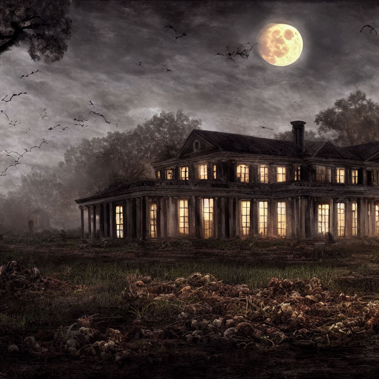 Desolate mansion under full moon with flying bird silhouettes