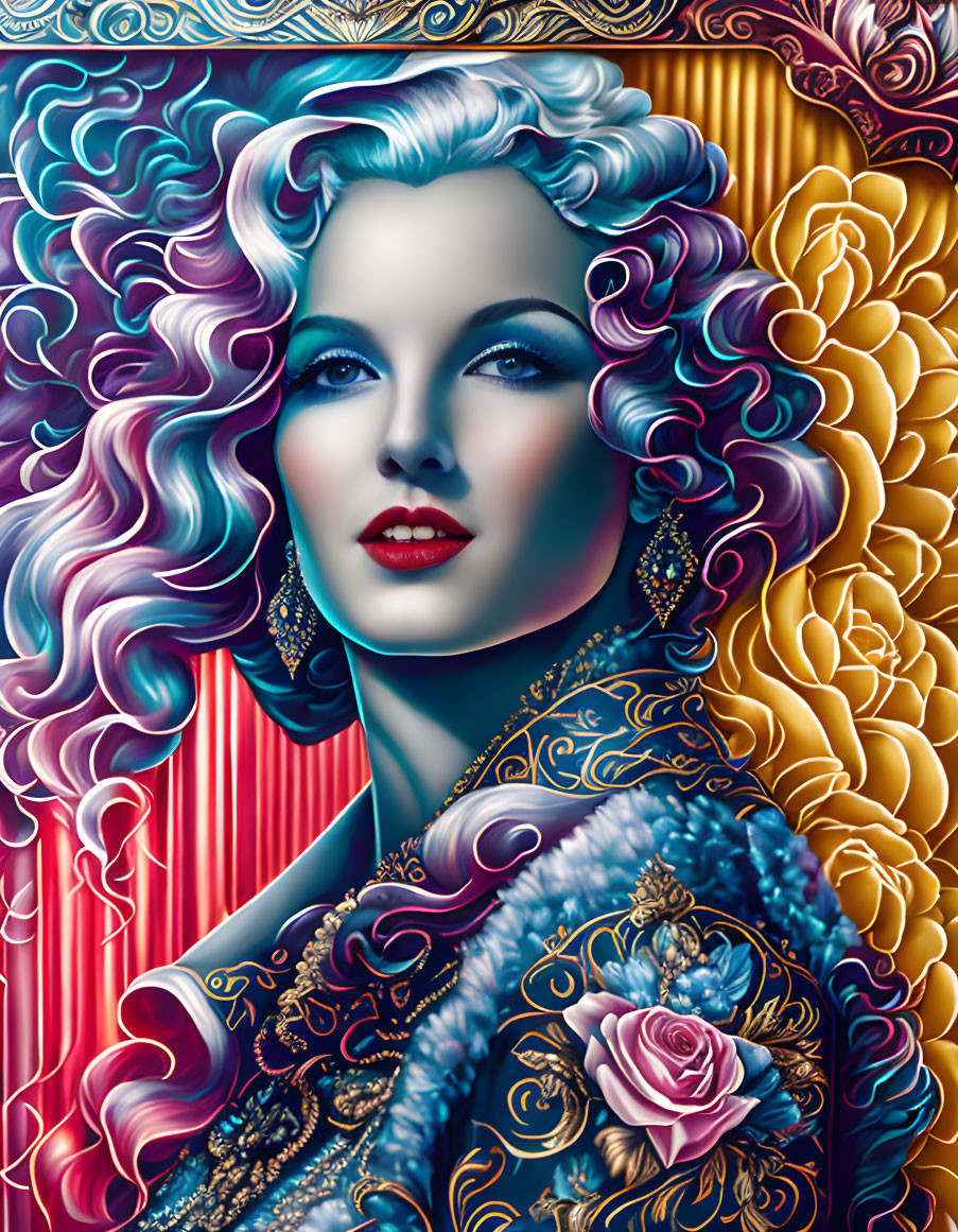 Detailed illustration: Woman with stylized blue hair in vibrant floral setting