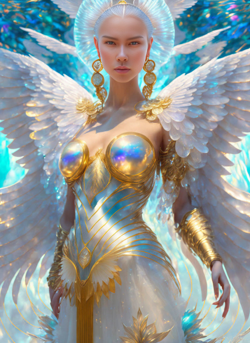 Fantastical Figure with Luminescent Wings and Golden Armor on Azure Background