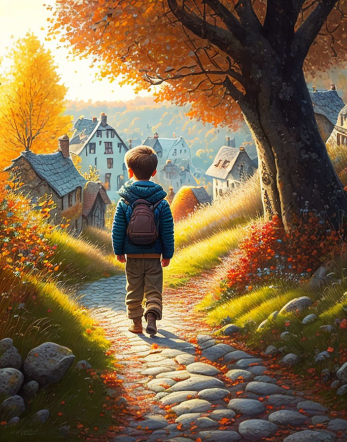 Child walking on cobblestone path towards autumn village with vibrant foliage.