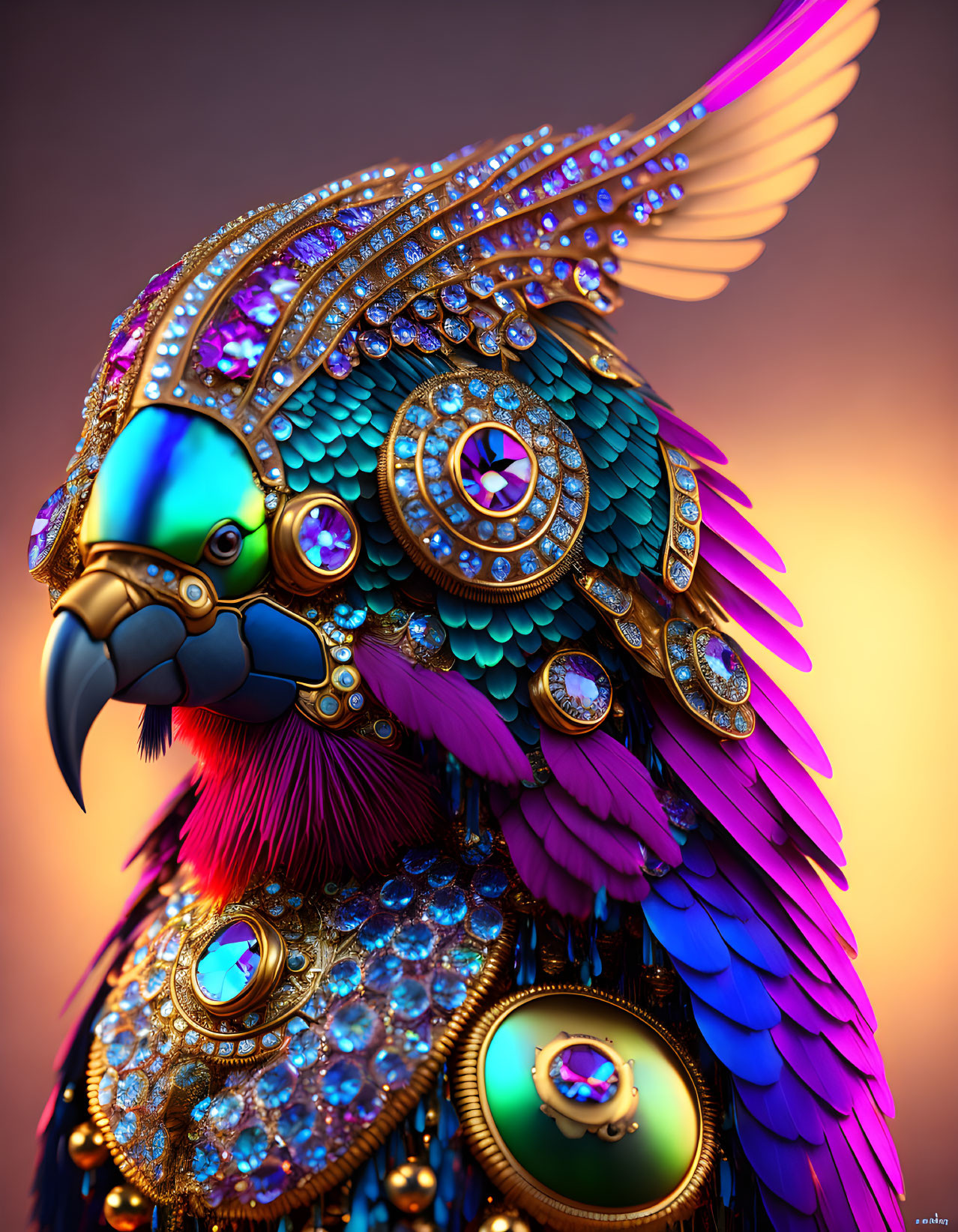 Colorful Jewel-Encrusted Bird with Intricate Gem Patterns