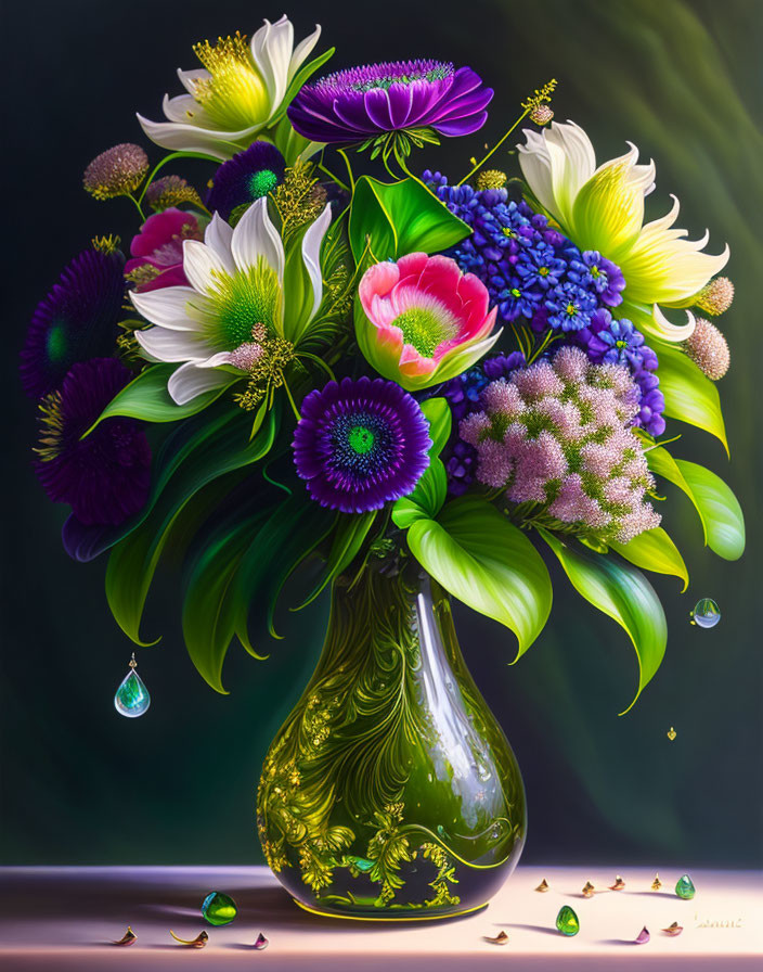 Colorful Flower Bouquet in Ornate Vase with Water Droplets