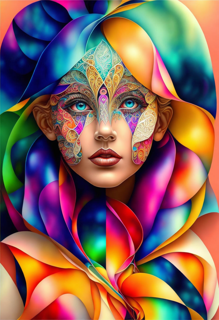 Colorful digital artwork of woman with patterned face art & rainbow swirls