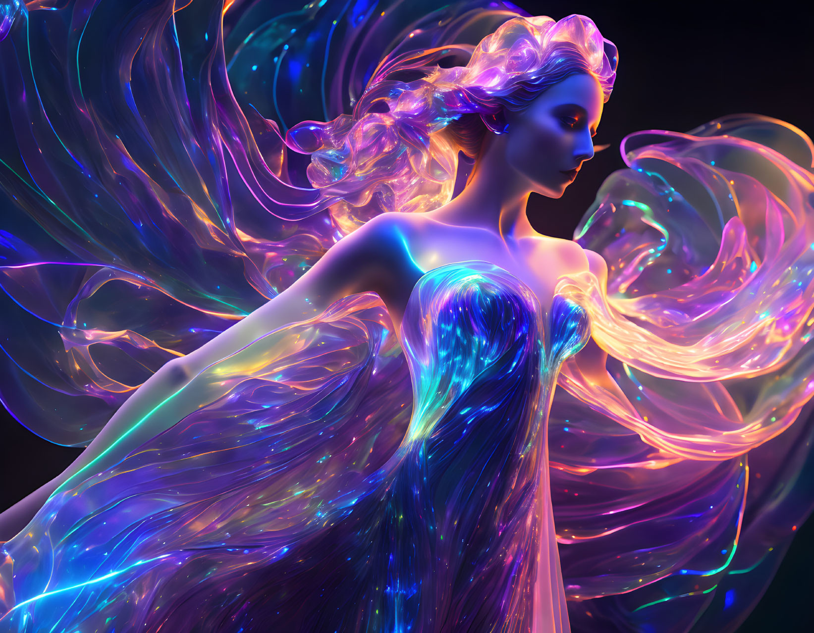 Vibrant neon colors in digital artwork of woman with flowing hair