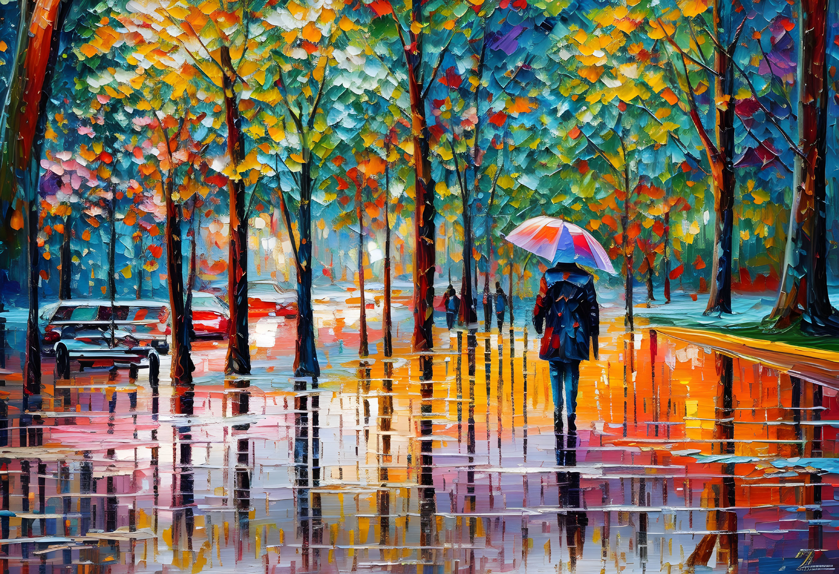 Vibrant autumn scene: person with umbrella walking on rain-soaked path