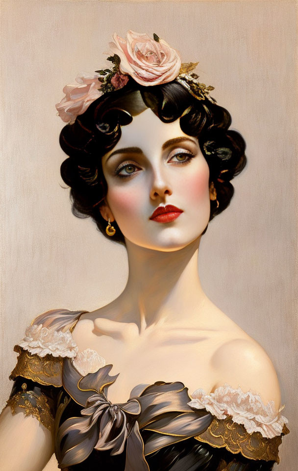 Vintage-inspired portrait of a woman with curly black hair, pink rose, lace dress, and gold earrings