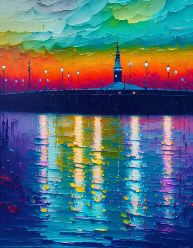 Colorful sunset painting with water reflections, city lights, and rain.