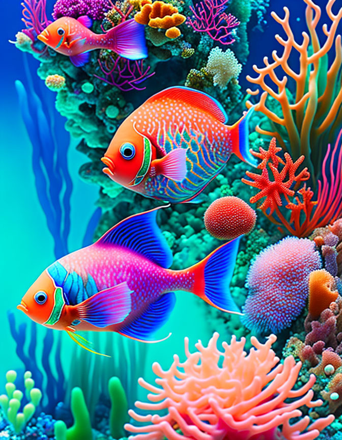 Vibrant fish and coral reef in blue, pink, and orange hues