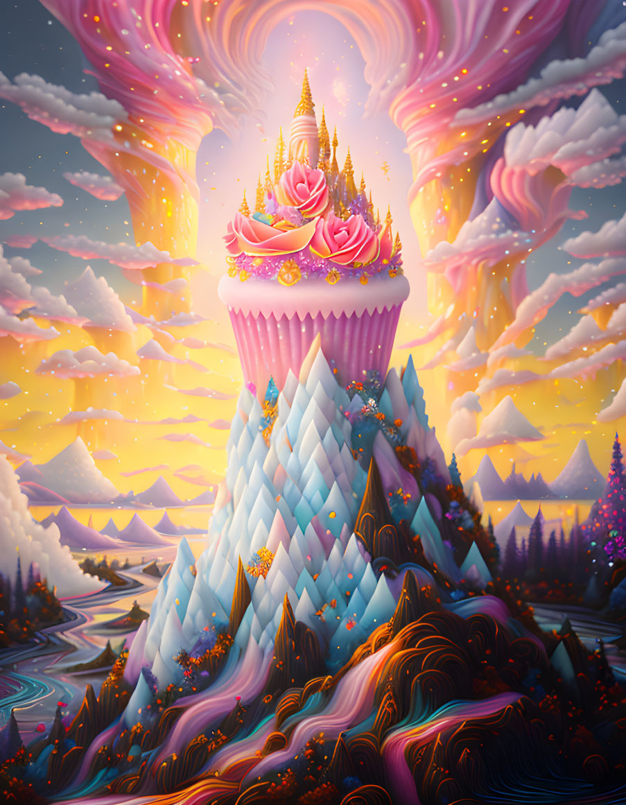 Surreal landscape with cupcake-shaped mountain and golden temple