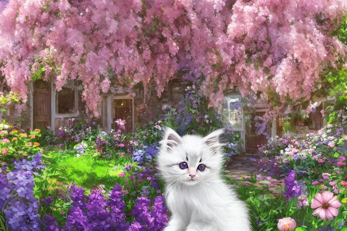 White Kitten with Blue Eyes Surrounded by Flowers and Cottage