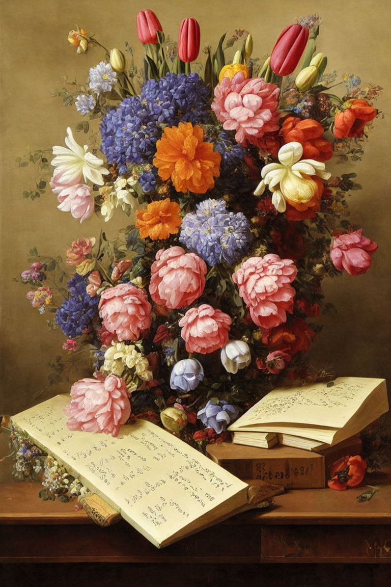 Classic Still Life Painting: Vibrant Flower Bouquet with Open Letter