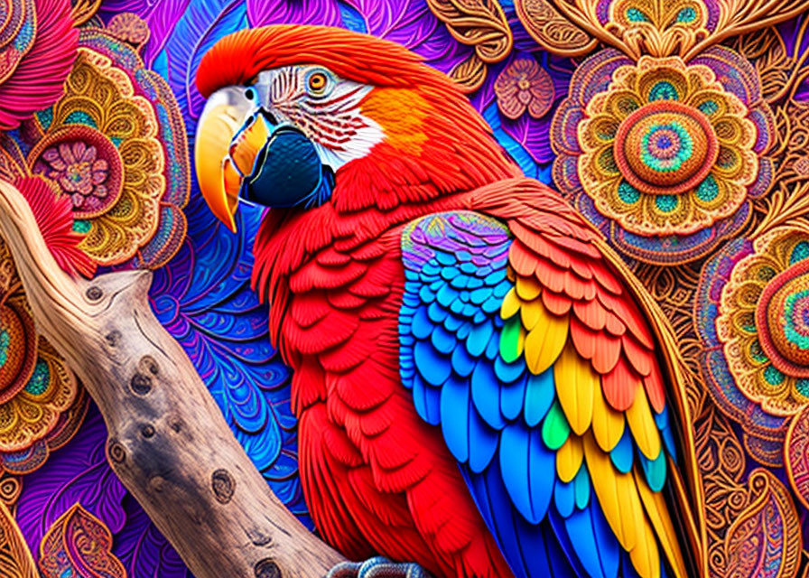 Colorful Macaw Perched on Branch with Ornate Floral Background