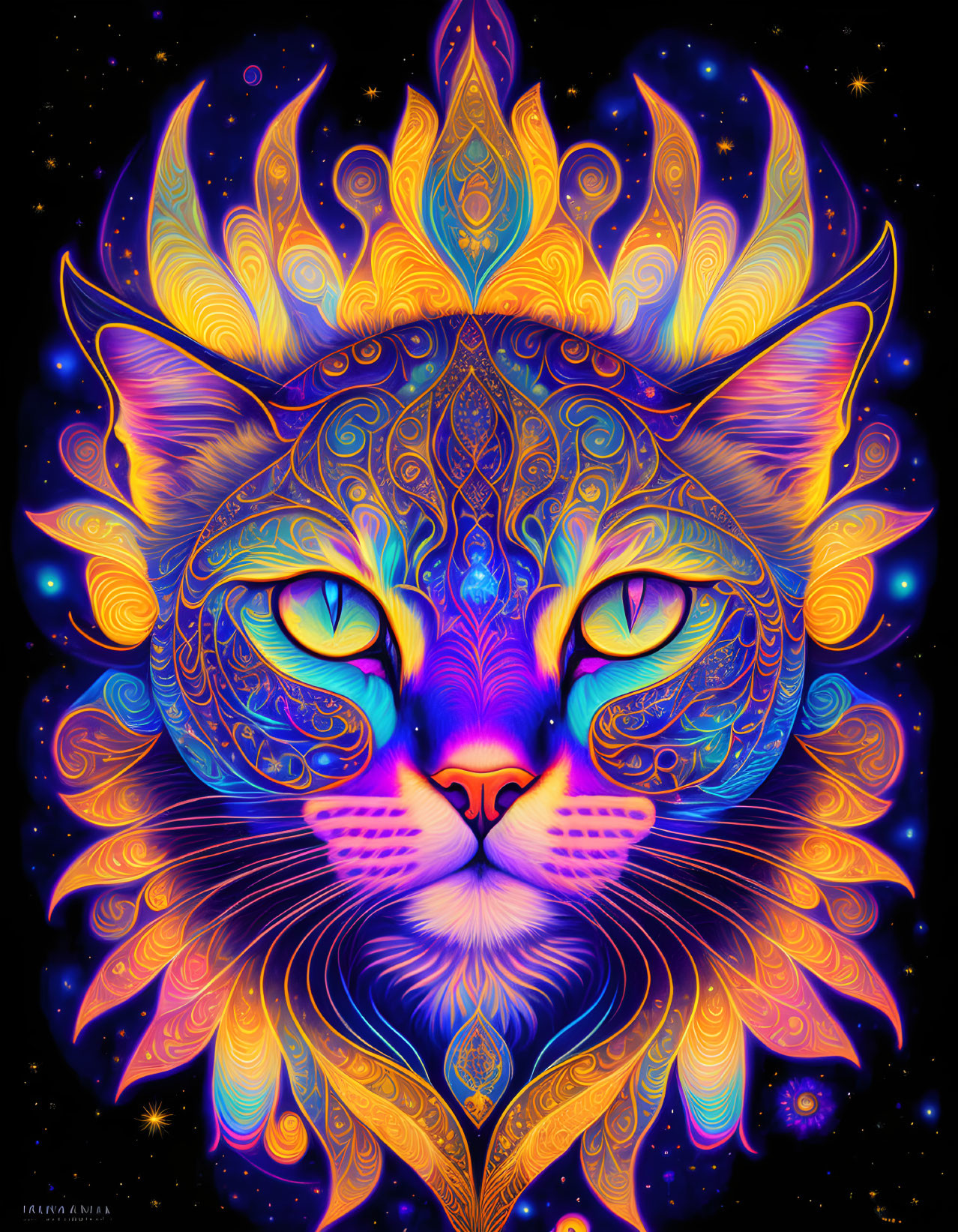 Colorful Psychedelic Cat Face Illustration with Crown-Like Aura on Starry Background