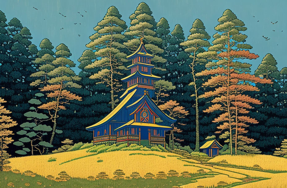 Illustration of Multi-Tiered Pagoda in Colorful Tree Landscape