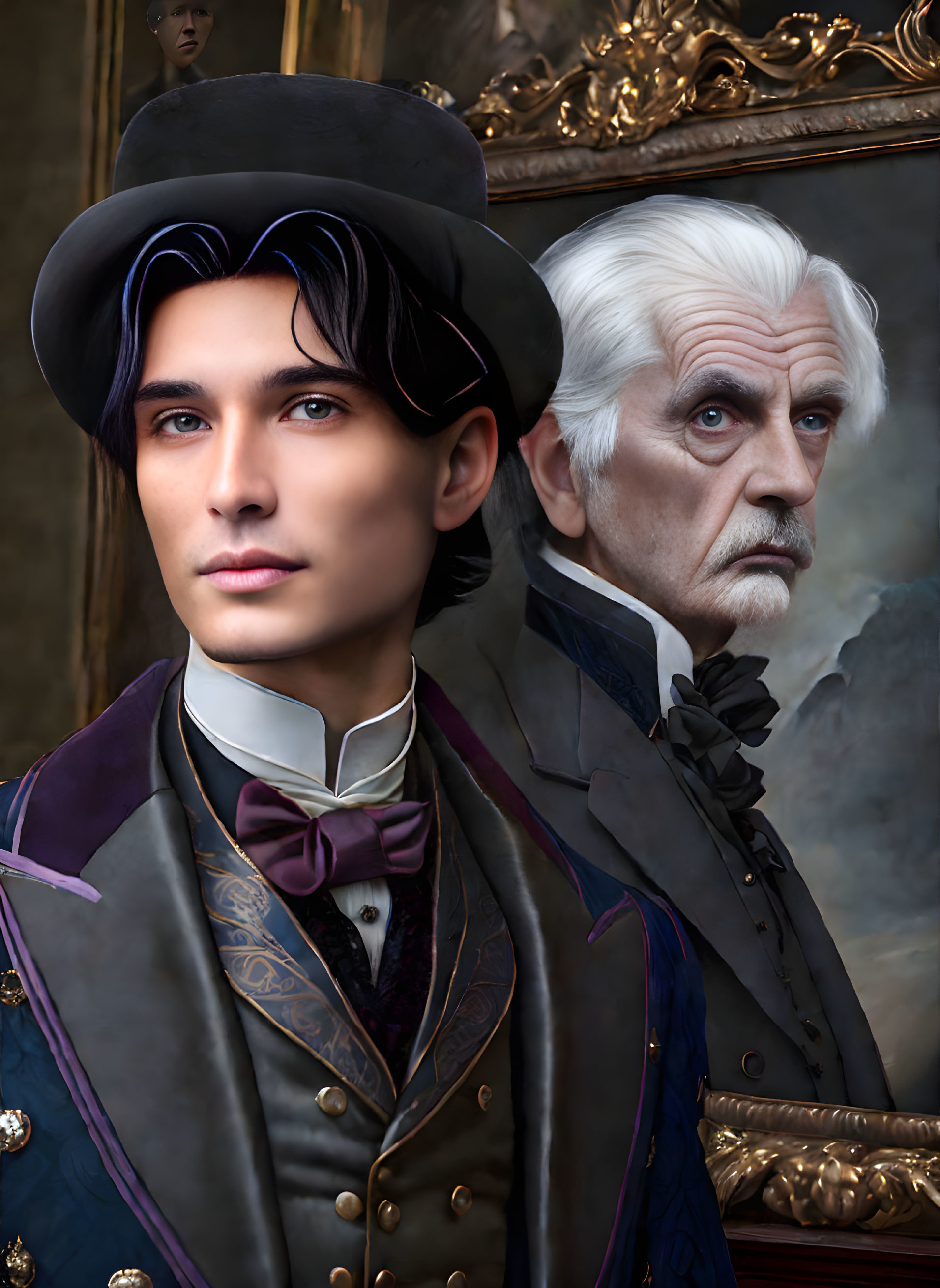 Victorian young man with top hat beside older man with white hair