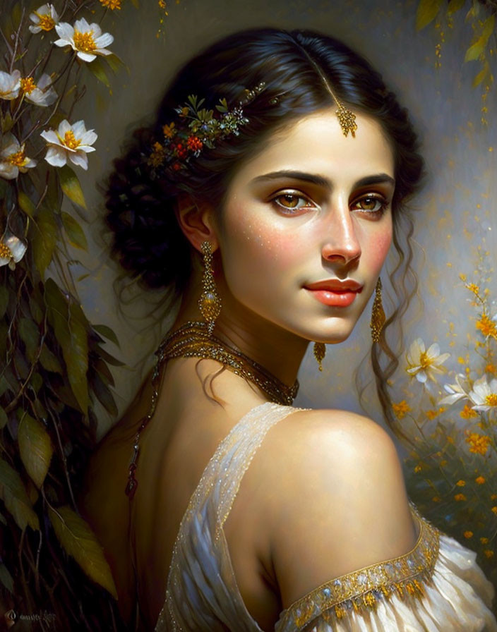 Portrait of woman with dark hair and golden jewelry among white flowers