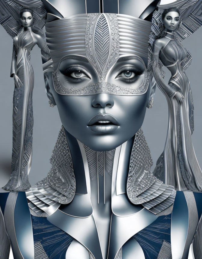 Futuristic metallic female figures in elaborate geometric costumes