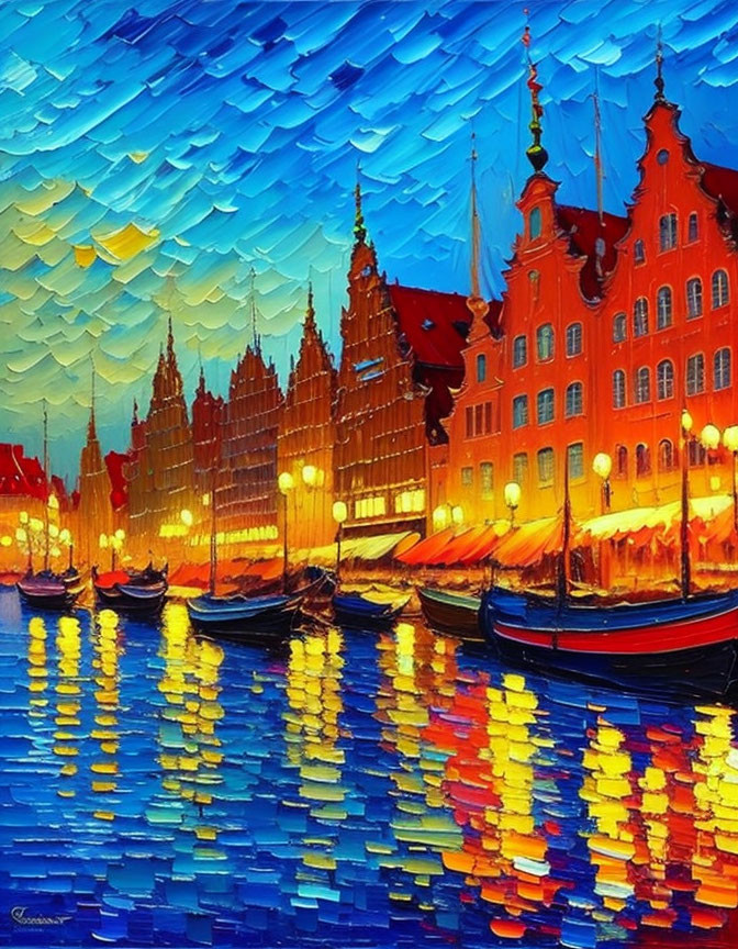 Colorful painting of riverside town at dusk with boats, reflections, historic buildings, and blue sky