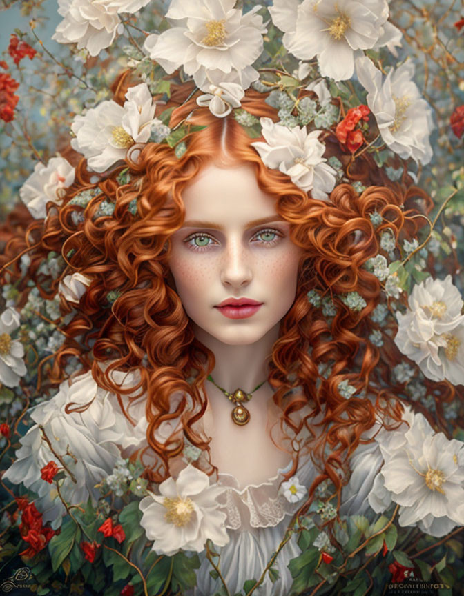 Portrait of woman with curly red hair, green eyes, white flowers, and vintage pendant