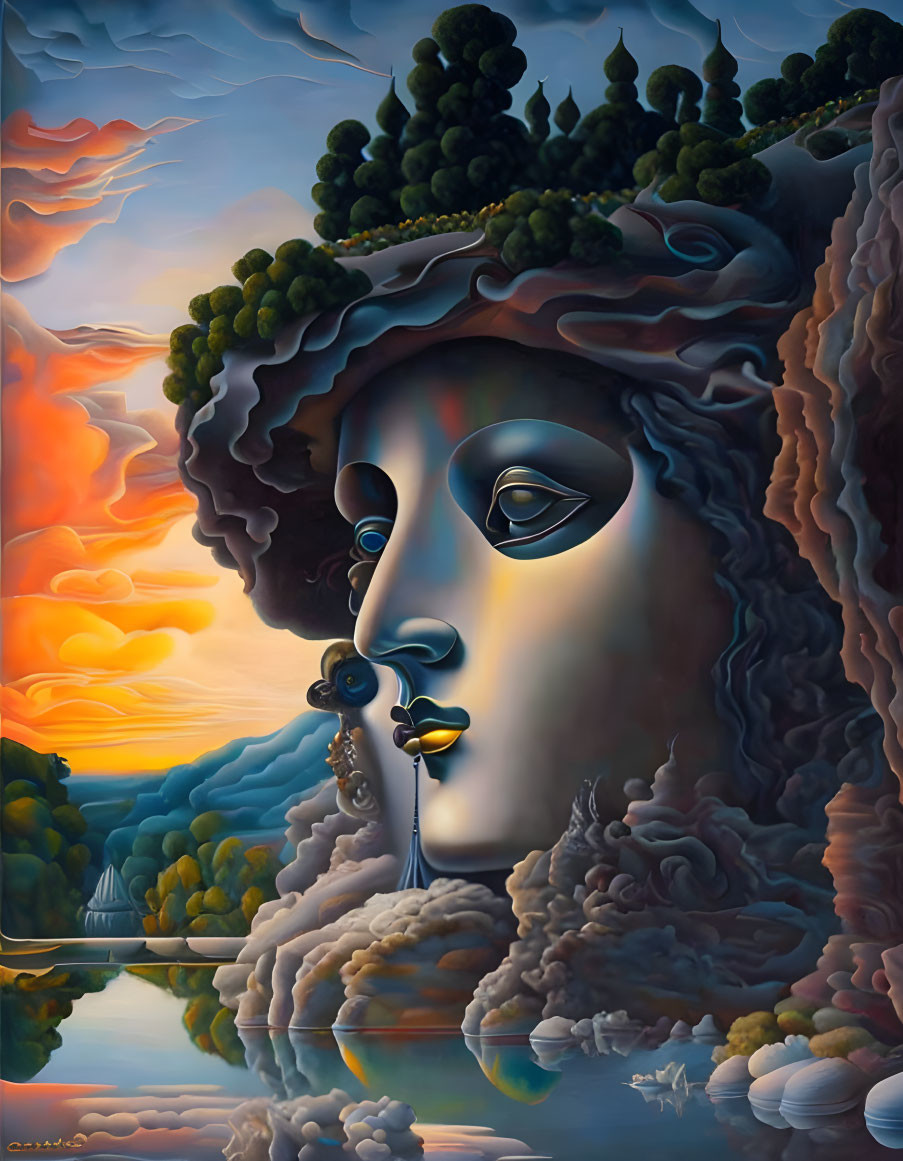 Surrealistic painting of serene female face in sunset landscape