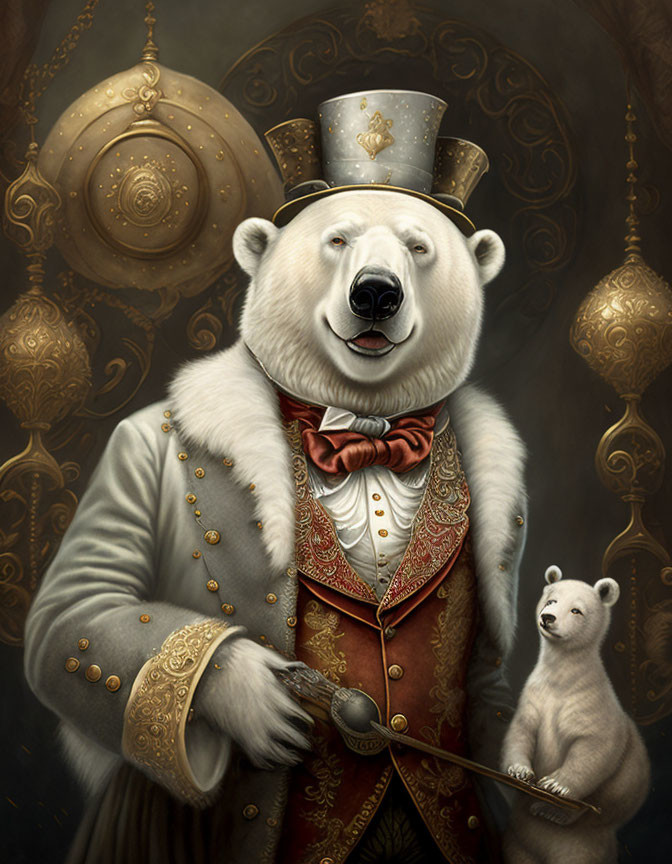 Anthropomorphic polar bear in Victorian attire with top hat and cane beside smaller bear