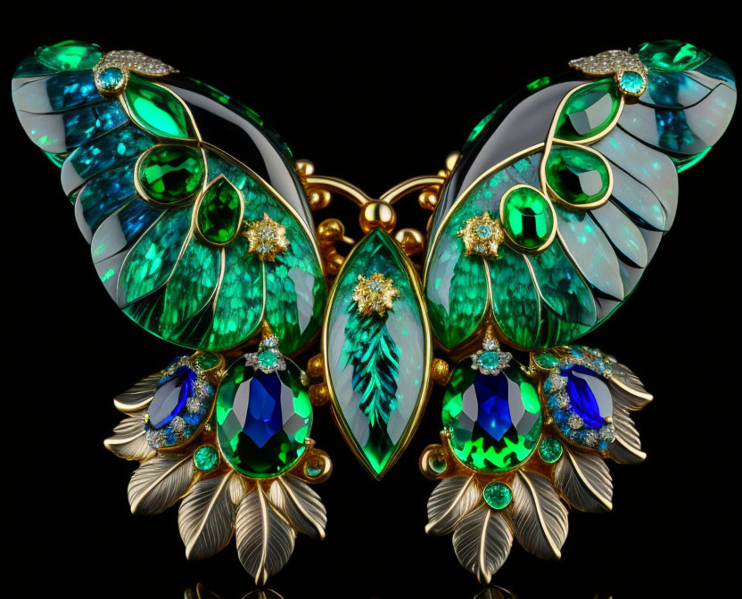 Jeweled Butterfly Brooch with Green and Blue Gemstones on Black Background