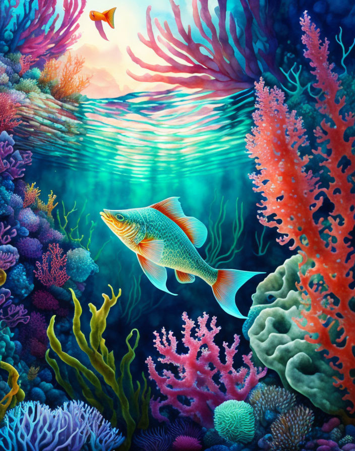 Colorful Underwater Scene with Corals and Fish