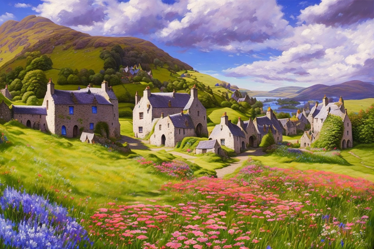 Picturesque rural village with stone houses and wildflower meadows under sunny sky