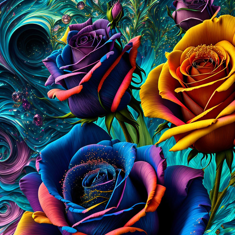 Colorful surreal roses in cosmic background.