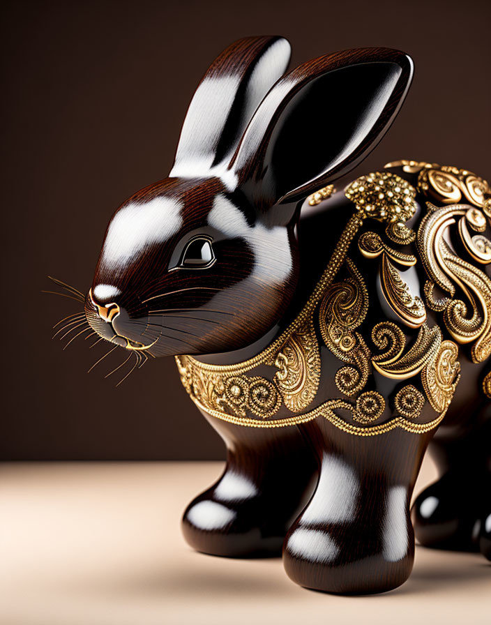 Decorative Rabbit Figurine with Gold Patterns on Brown Background