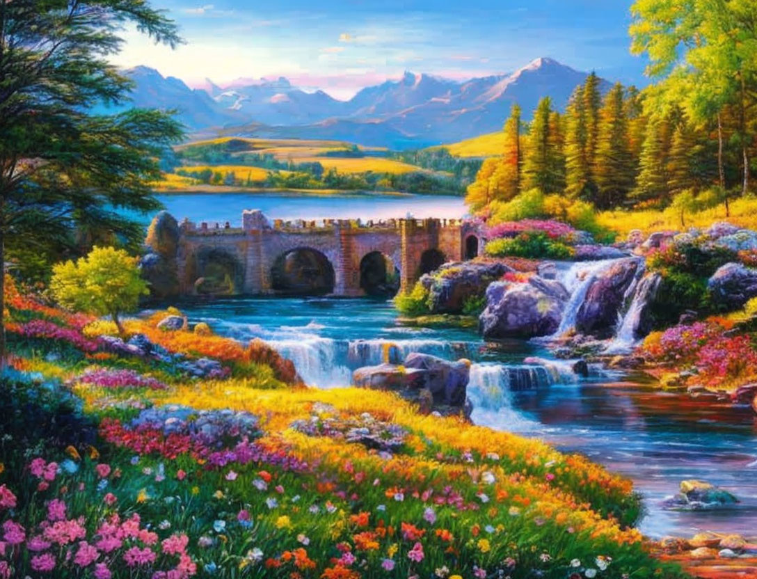 Serene landscape painting with stone bridge, waterfalls, flowers, and mountains