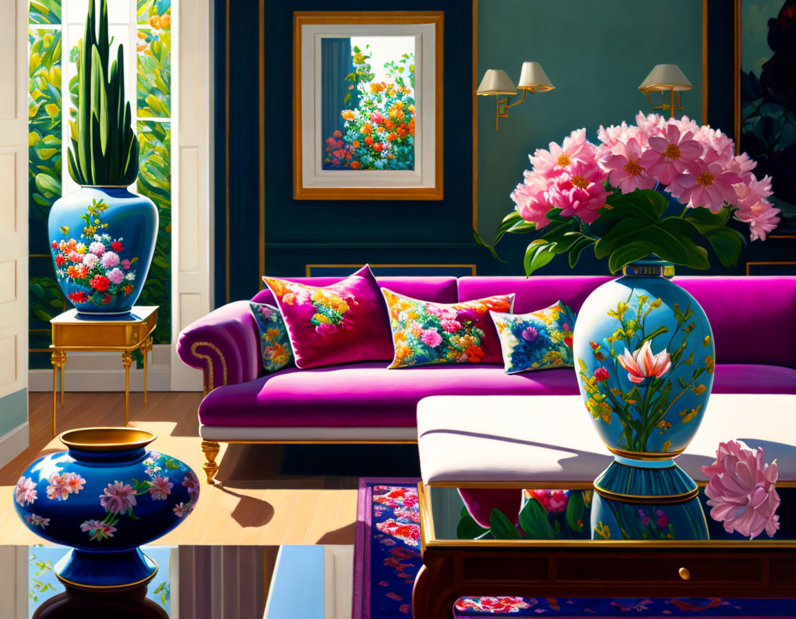 Colorful Living Room Decor with Purple Sofa and Floral Accents