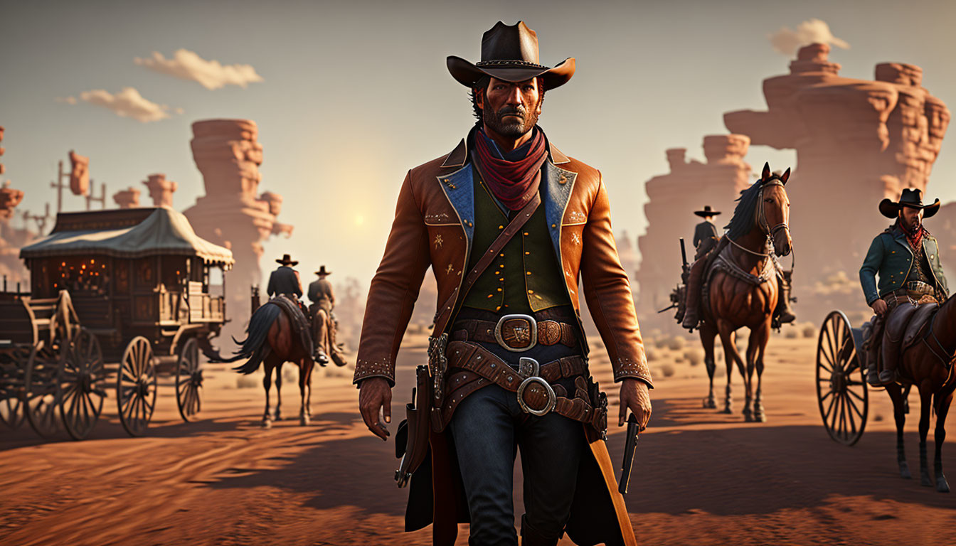 Cowboy with hat and pistol in desert town scene.