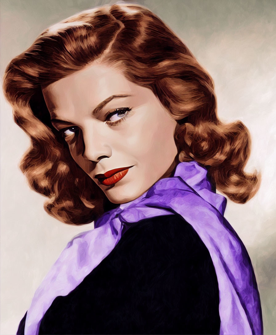 Woman with Wavy Hair and Red Lipstick in Purple Scarf Portrait