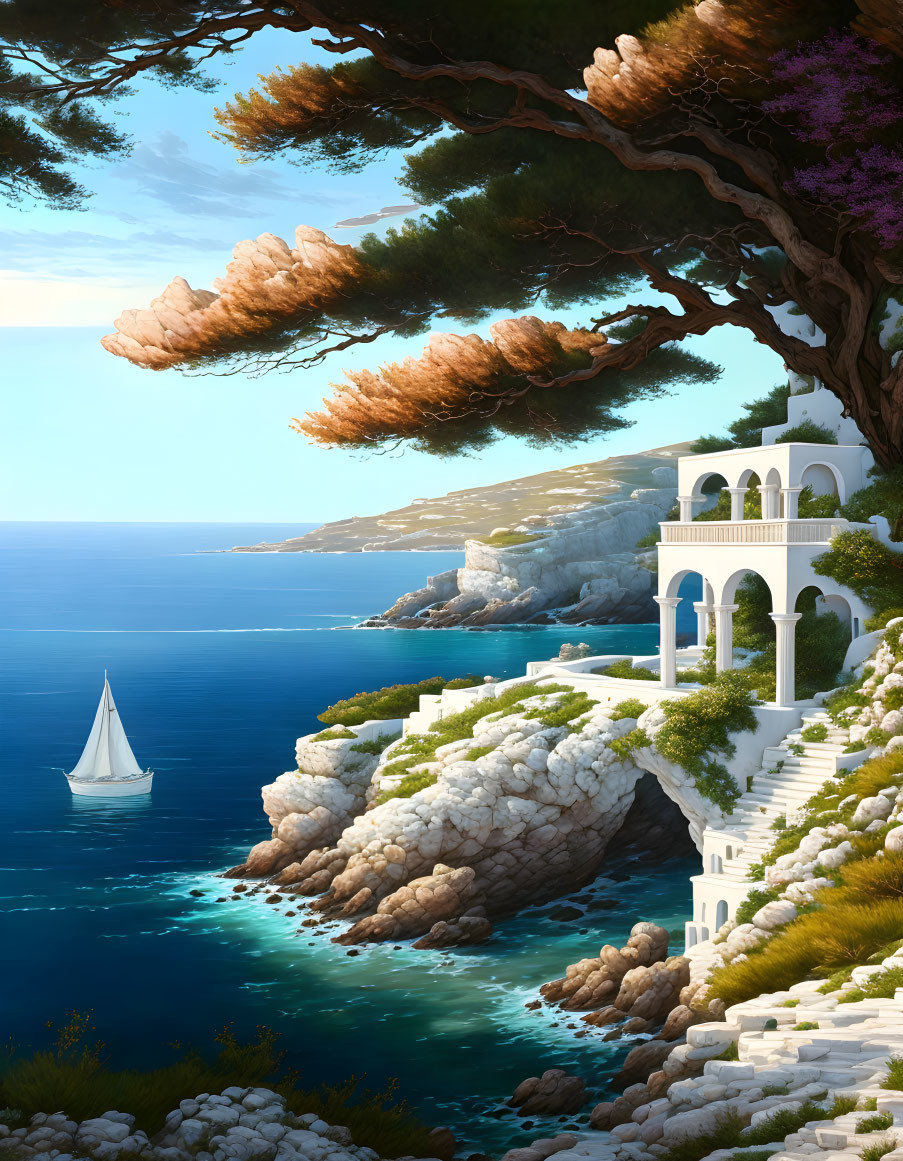 Coastal landscape with white villa, sailboat, and lush trees