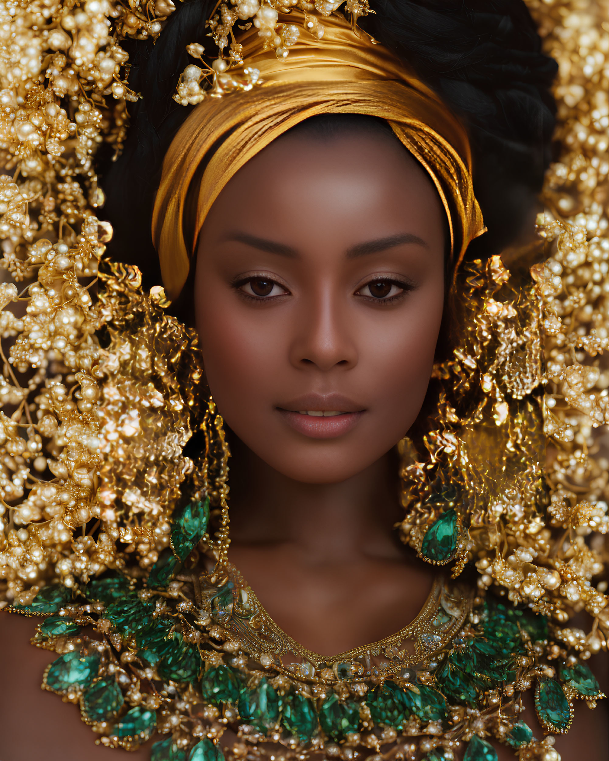 Woman adorned in golden headwrap and jewelry on dark backdrop